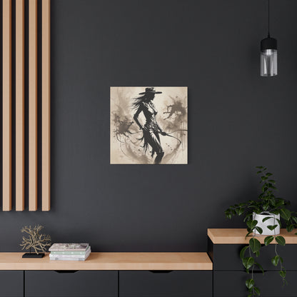Cowgirl Silhouette Canvas Art – Western Whip Poster on Matte Stretched Canvas