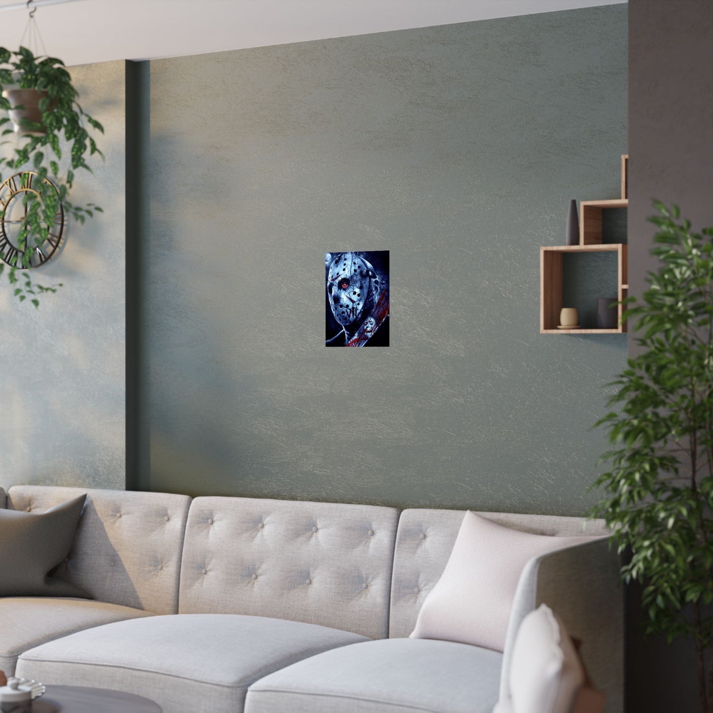 Horror Jason Mask Satin Poster — Bloodied Knife Slasher Wall Art