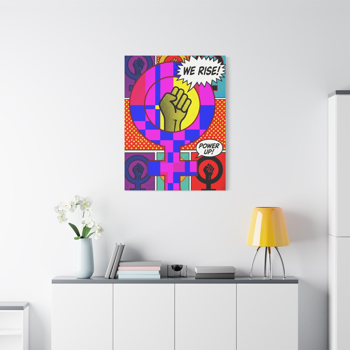Feminist Pop Art Canvas — "We Rise!" Stretched Matte Wall Art