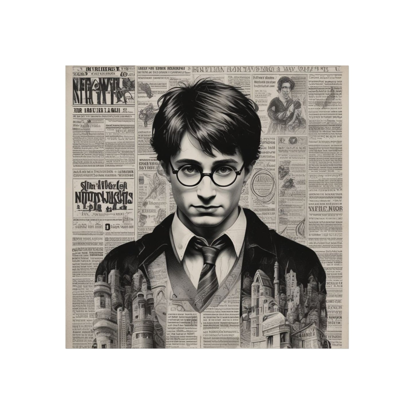Vintage Newspaper Portrait Poster — Young Wizard Illustration Fine Art Print