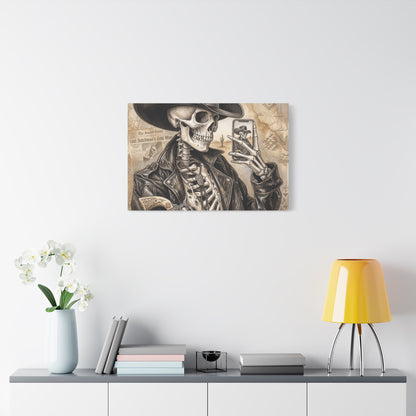 Skeleton Cowboy Canvas Print — Western Skull Selfie Wall Art (Matte Stretched)