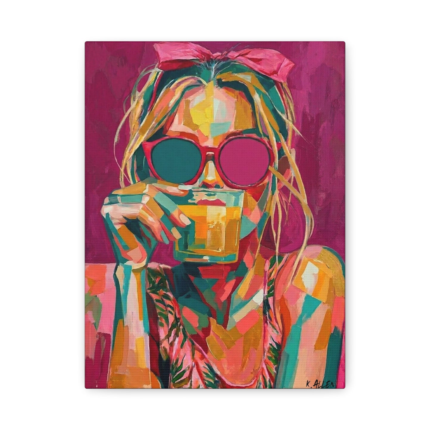 Pop Art Woman Drinking Coffee Canvas - Pink