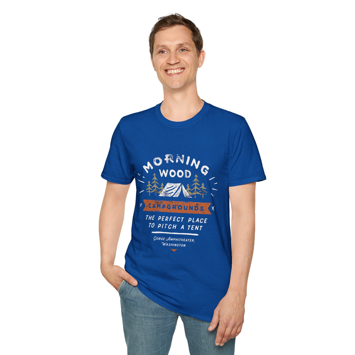 Camping T-Shirt — "Morning Wood" Tent & Pine Tree Outdoor Graphic Tee