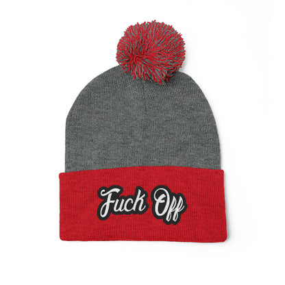 Embroidered 'Fuck Off' Pom-Pom Beanie - Knit Winter Hat