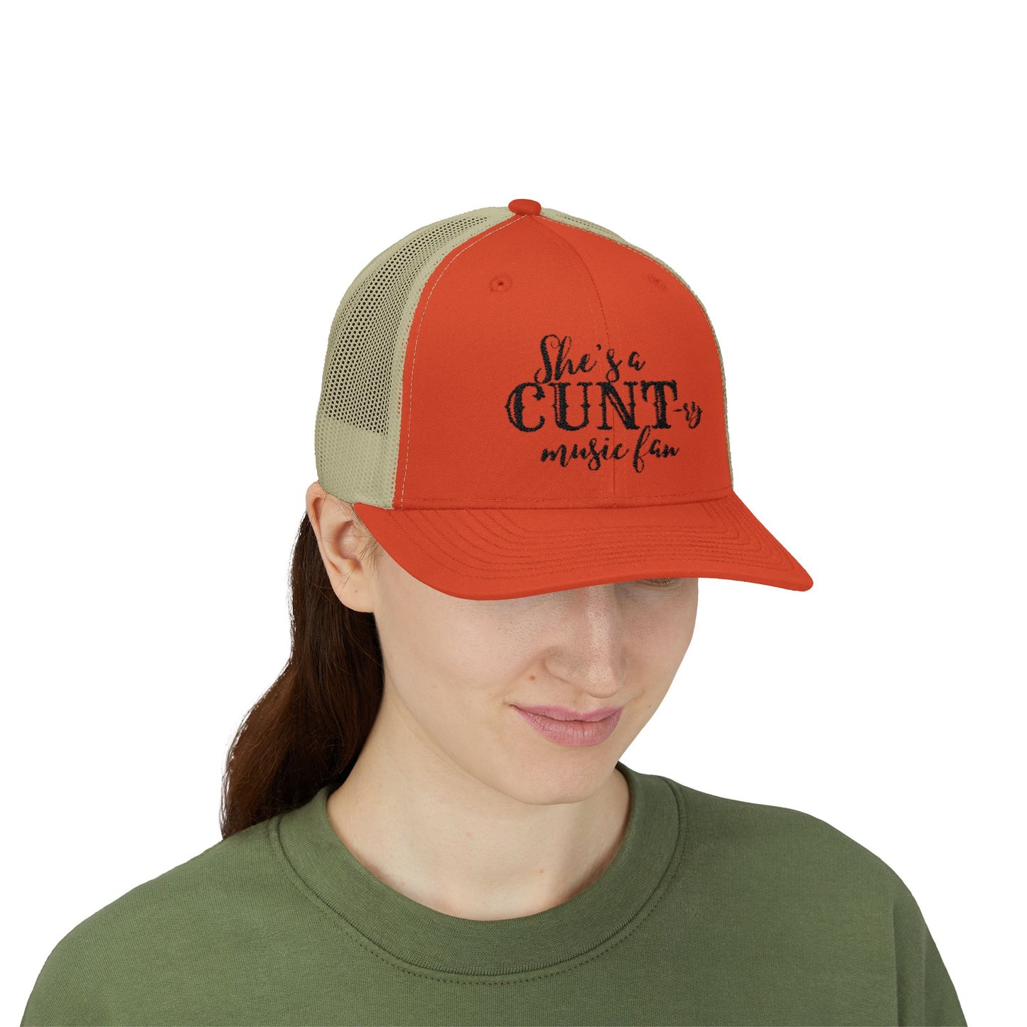 Trucker Cap — "She's a CUNTry Music Fan" Embroidered Mesh Snapback