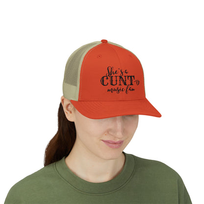 Trucker Cap — "She's a CUNTry Music Fan" Embroidered Mesh Snapback