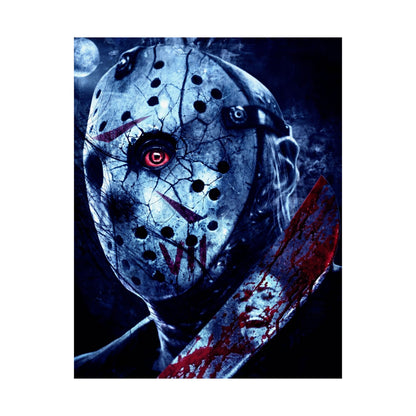 Horror Jason Mask Satin Poster — Bloodied Knife Slasher Wall Art