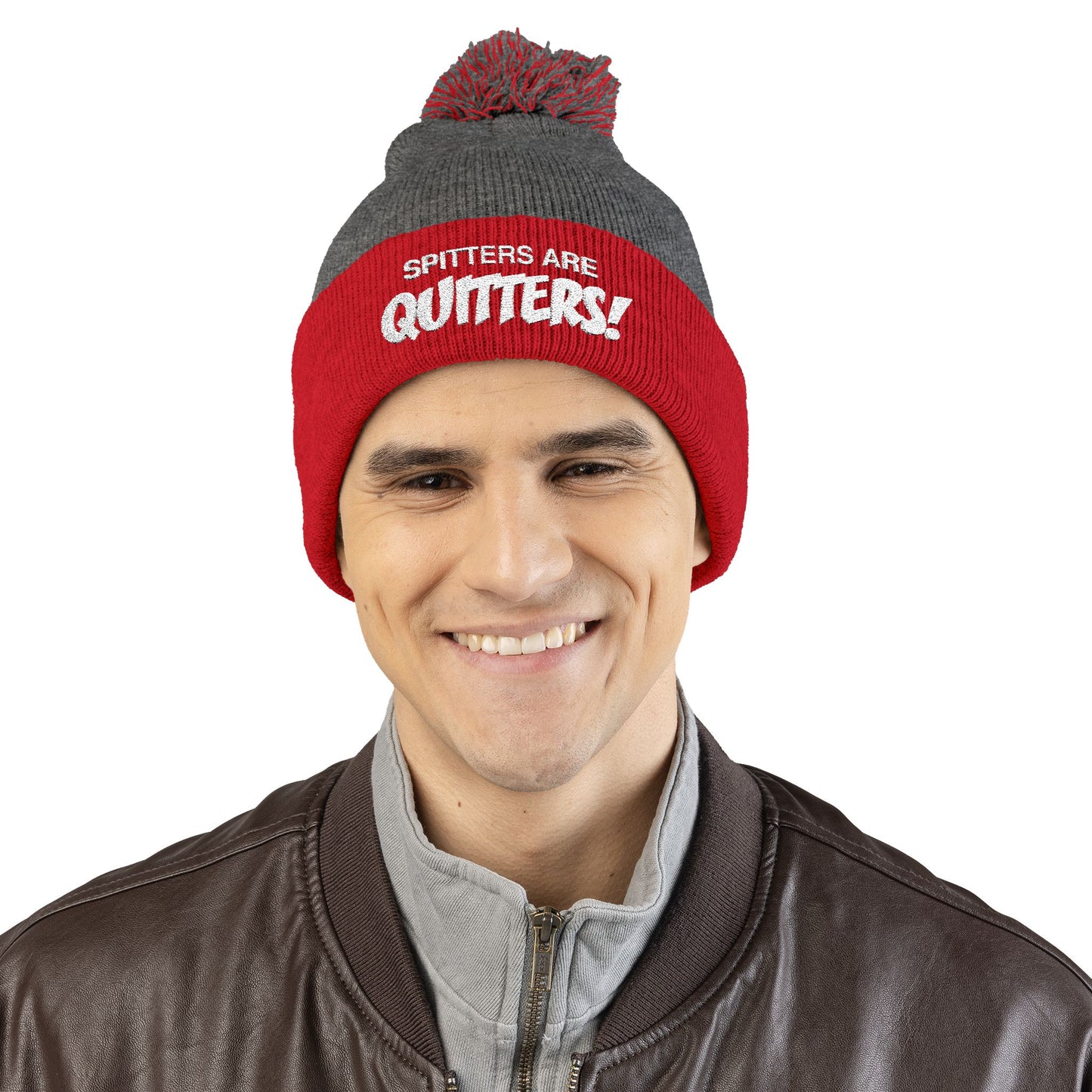 Embroidered Pom-Pom Beanie — "Spitters Are Quitters!" Cozy Winter Hat