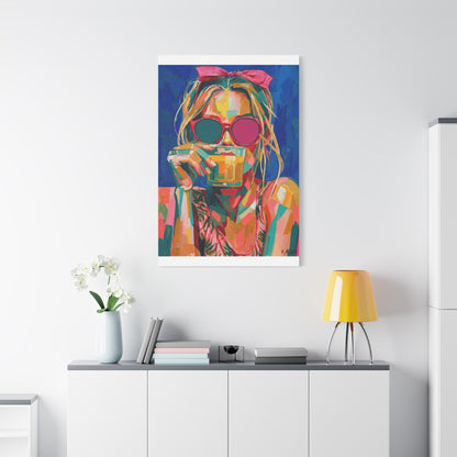 Colorful Pop Art Woman Drinking Canvas Wall Art - Blue