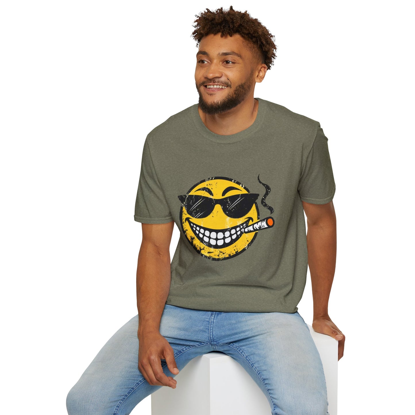 Smokin' Cool Emoji T-Shirt — Retro Grinning Face with Sunglasses & Cigar