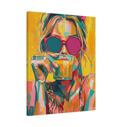 Colorful Pop Art Woman Drinking Canvas Wall Art