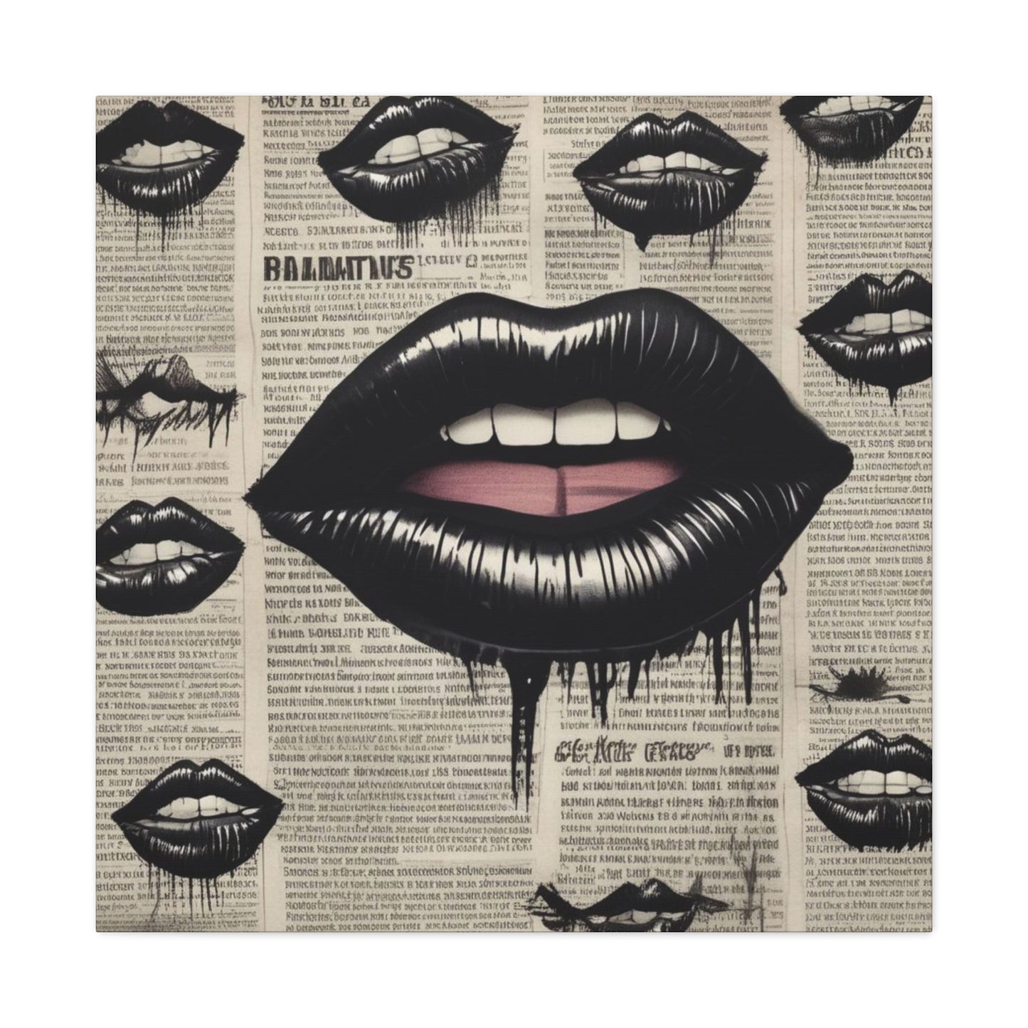 Black Drip Lips Canvas Wall Art — Vintage Newspaper Pop Art