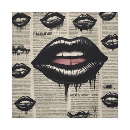 Black Drip Lips Canvas Wall Art — Vintage Newspaper Pop Art