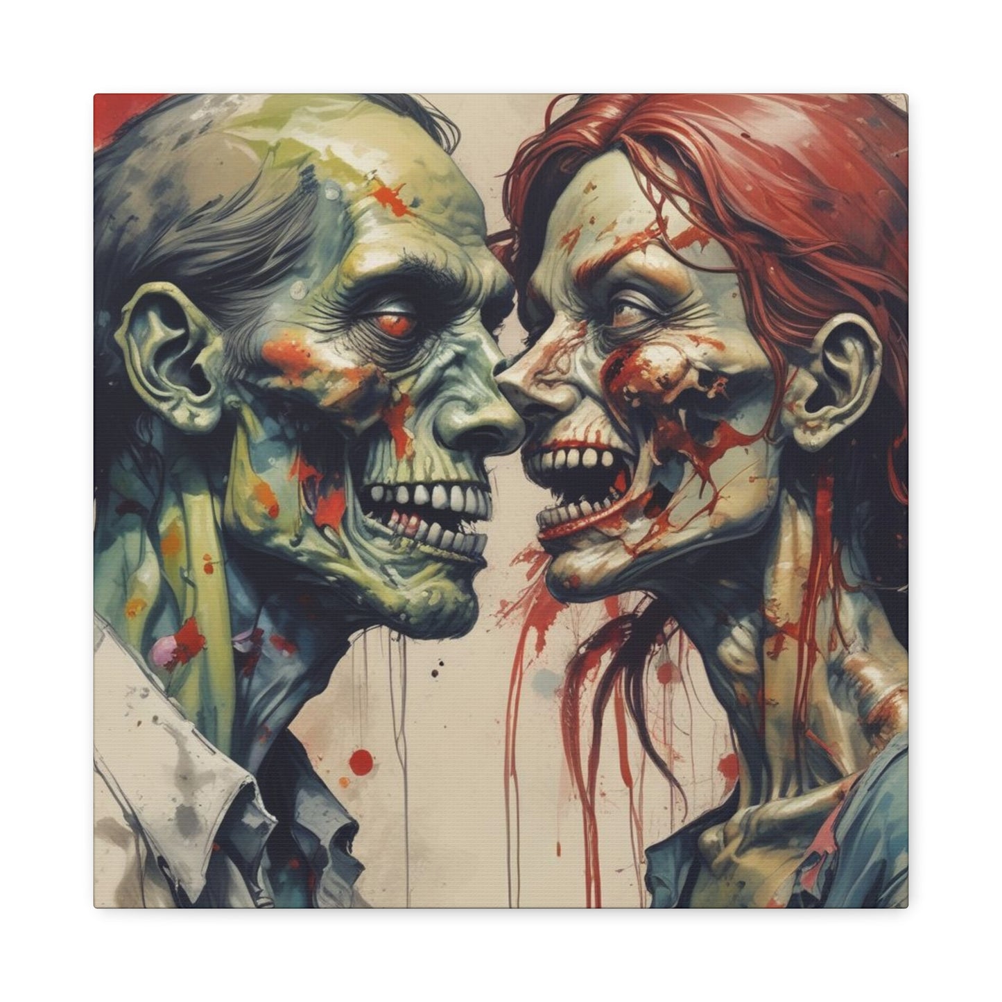 Zombie Couple Matte Canvas Wall Art — Blood-Splattered Horror Portrait