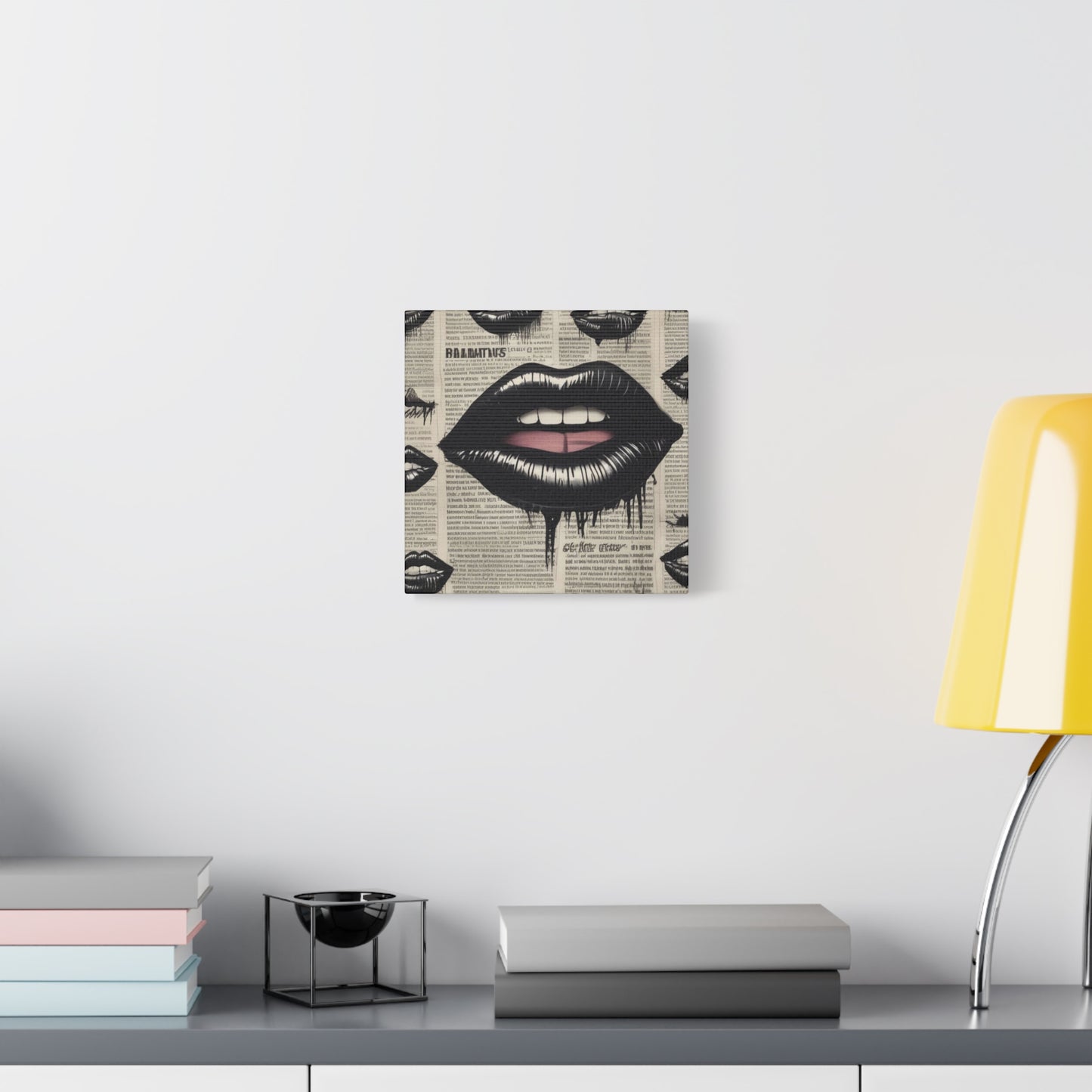 Black Drip Lips Canvas Wall Art — Vintage Newspaper Pop Art