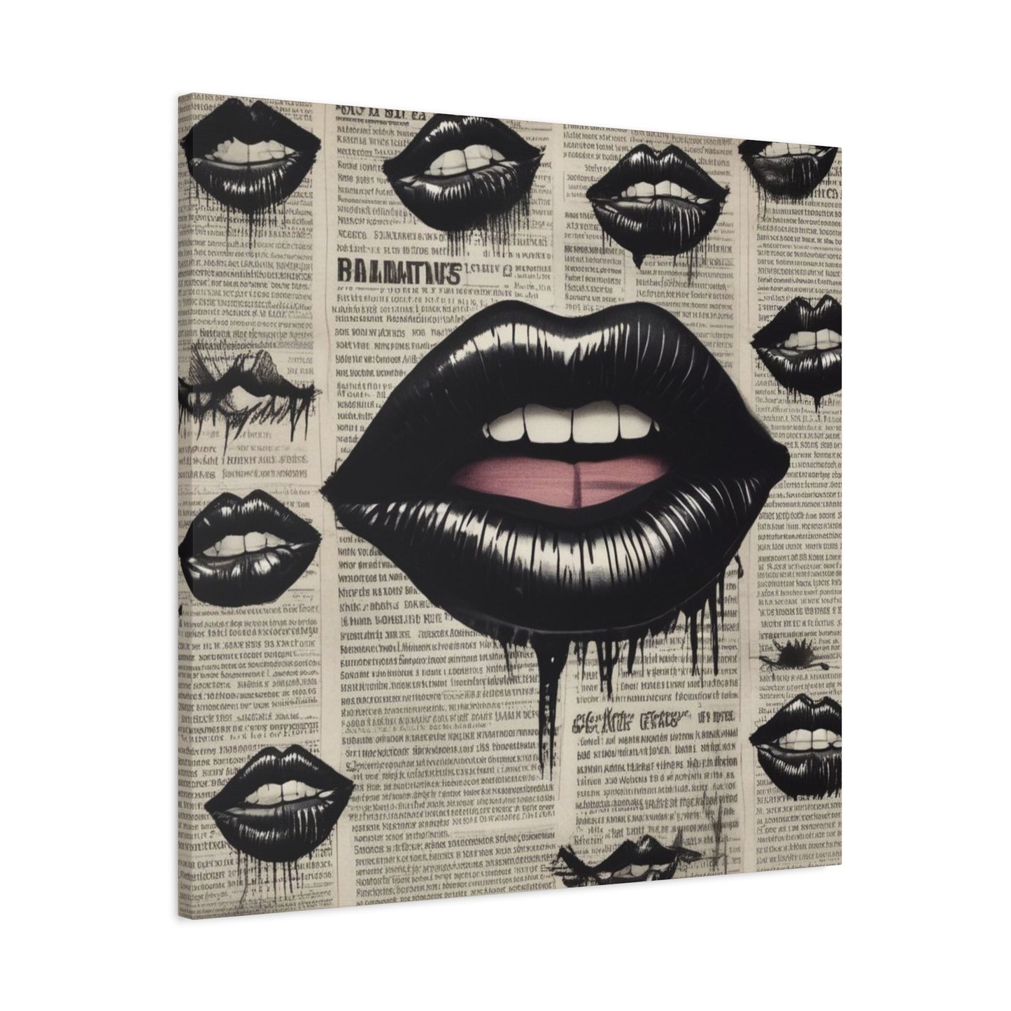 Black Drip Lips Canvas Wall Art — Vintage Newspaper Pop Art