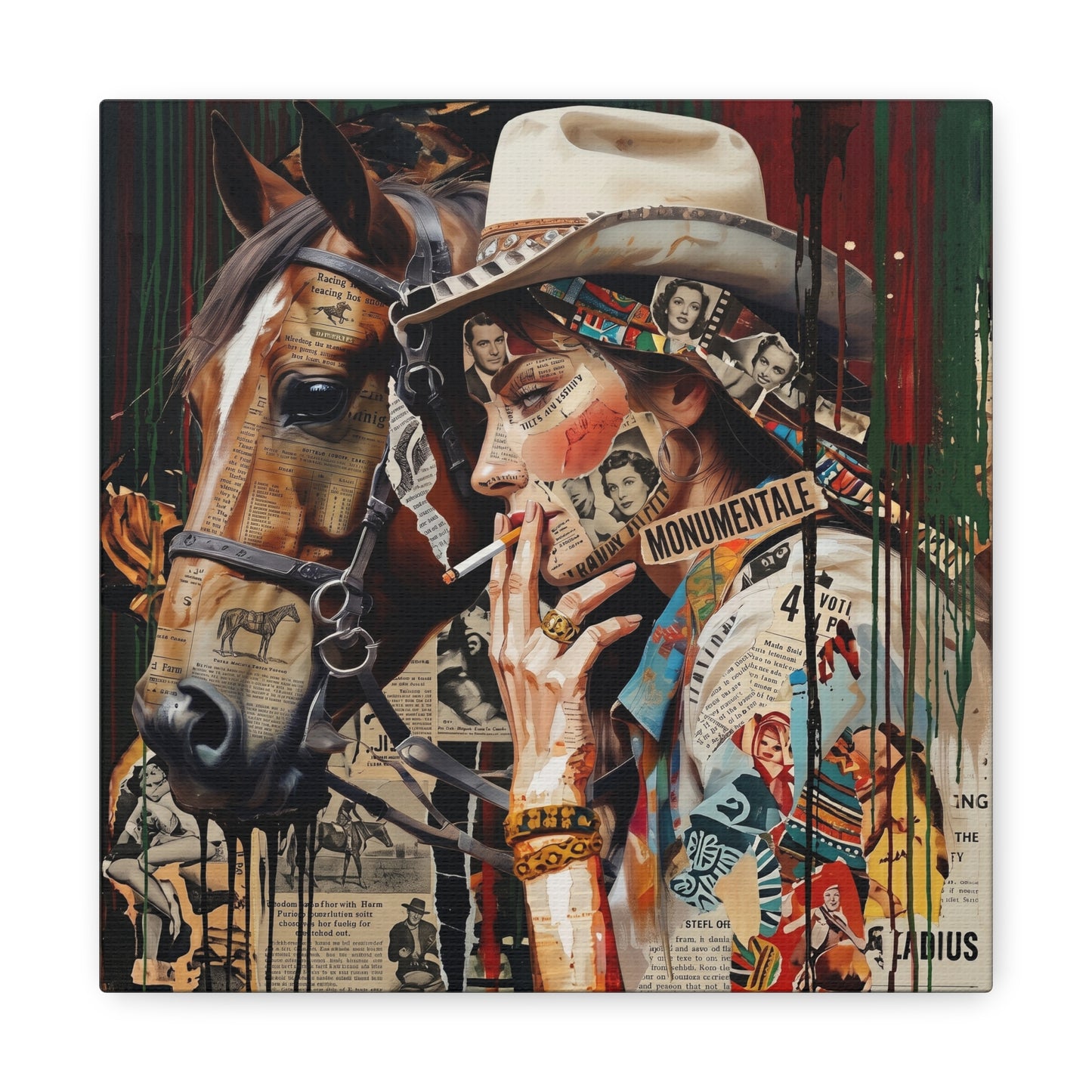 Western Collage Horse & Cowgirl Matte Canvas Wall Art - Stretched 1.25"