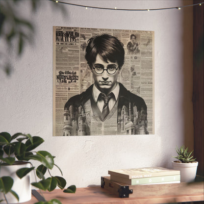 Vintage Newspaper Portrait Poster — Young Wizard Illustration Fine Art Print