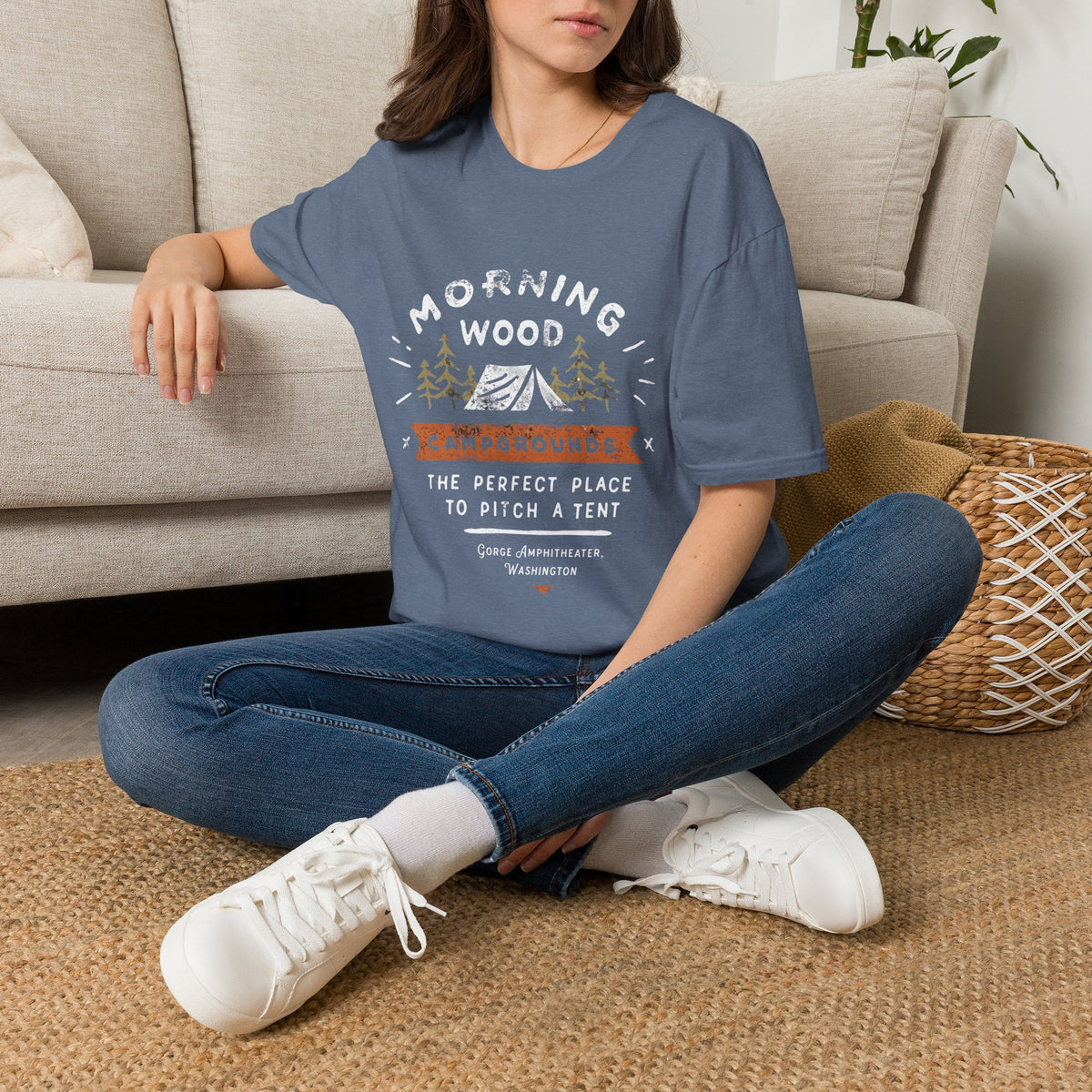 Camping T-Shirt — "Morning Wood" Tent & Pine Tree Outdoor Graphic Tee