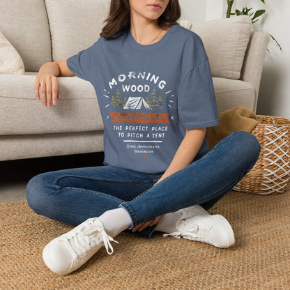 Camping T-Shirt — "Morning Wood" Tent & Pine Tree Outdoor Graphic Tee