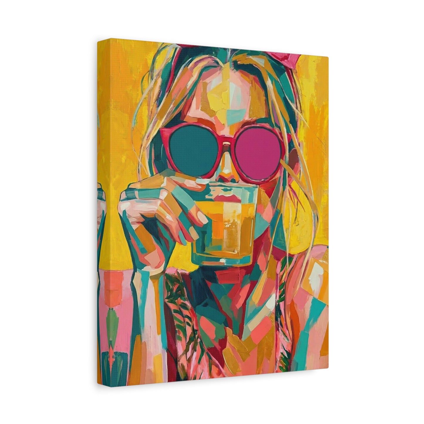 Colorful Pop Art Woman Drinking Canvas Wall Art