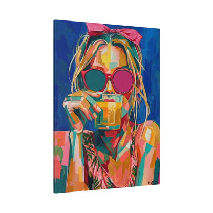 Colorful Pop Art Woman Drinking Canvas Wall Art - Blue