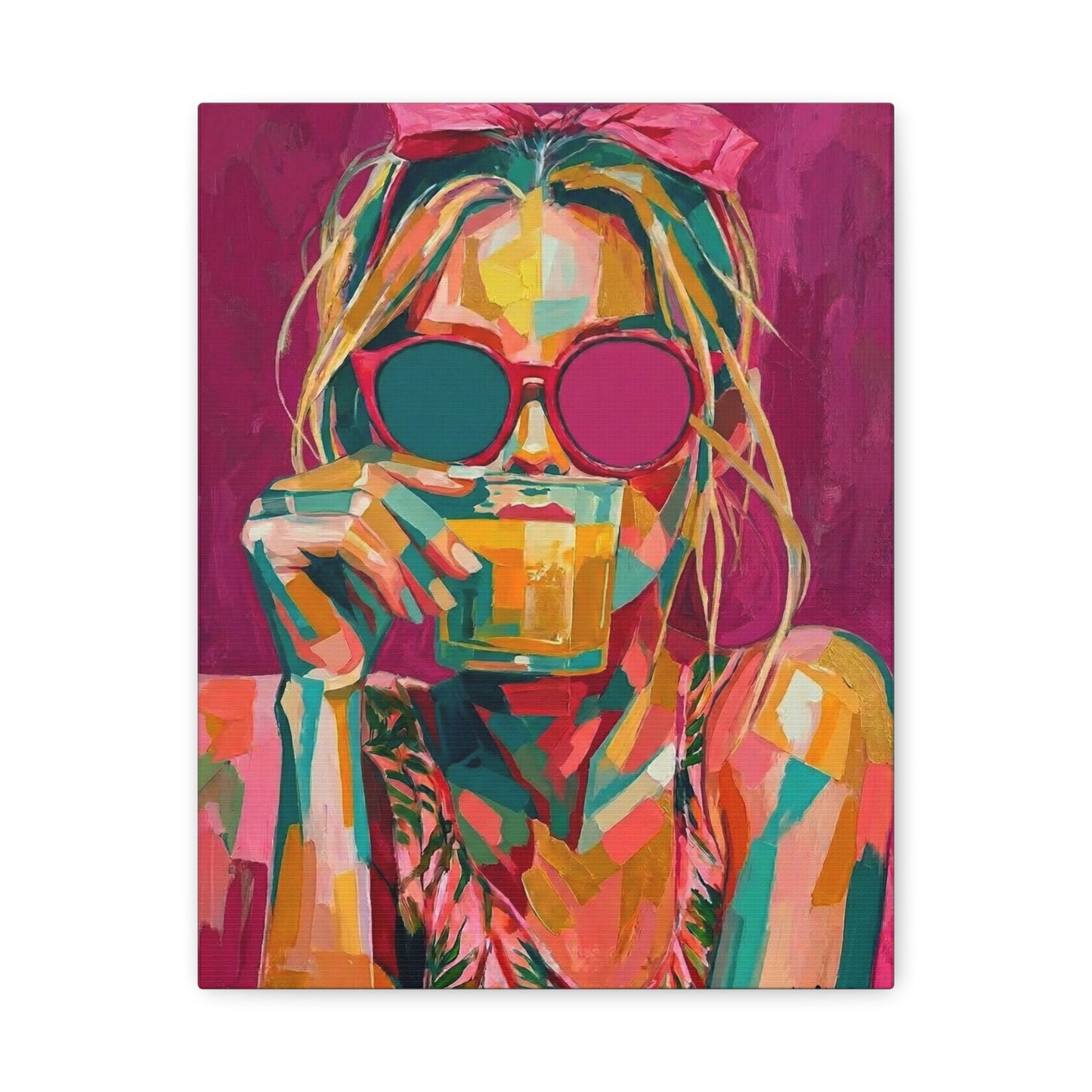 Pop Art Woman Drinking Coffee Canvas - Pink