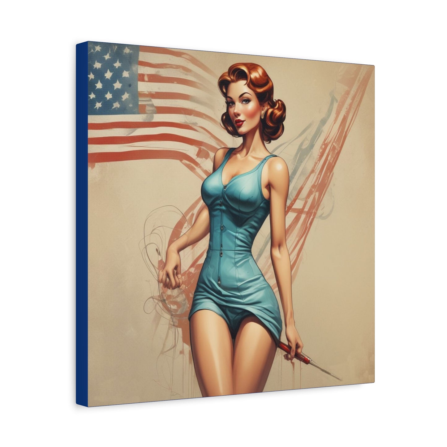 Retro Pin-Up Canvas Wall Art — Vintage American Flag Pinup Matte Stretched 1.25"