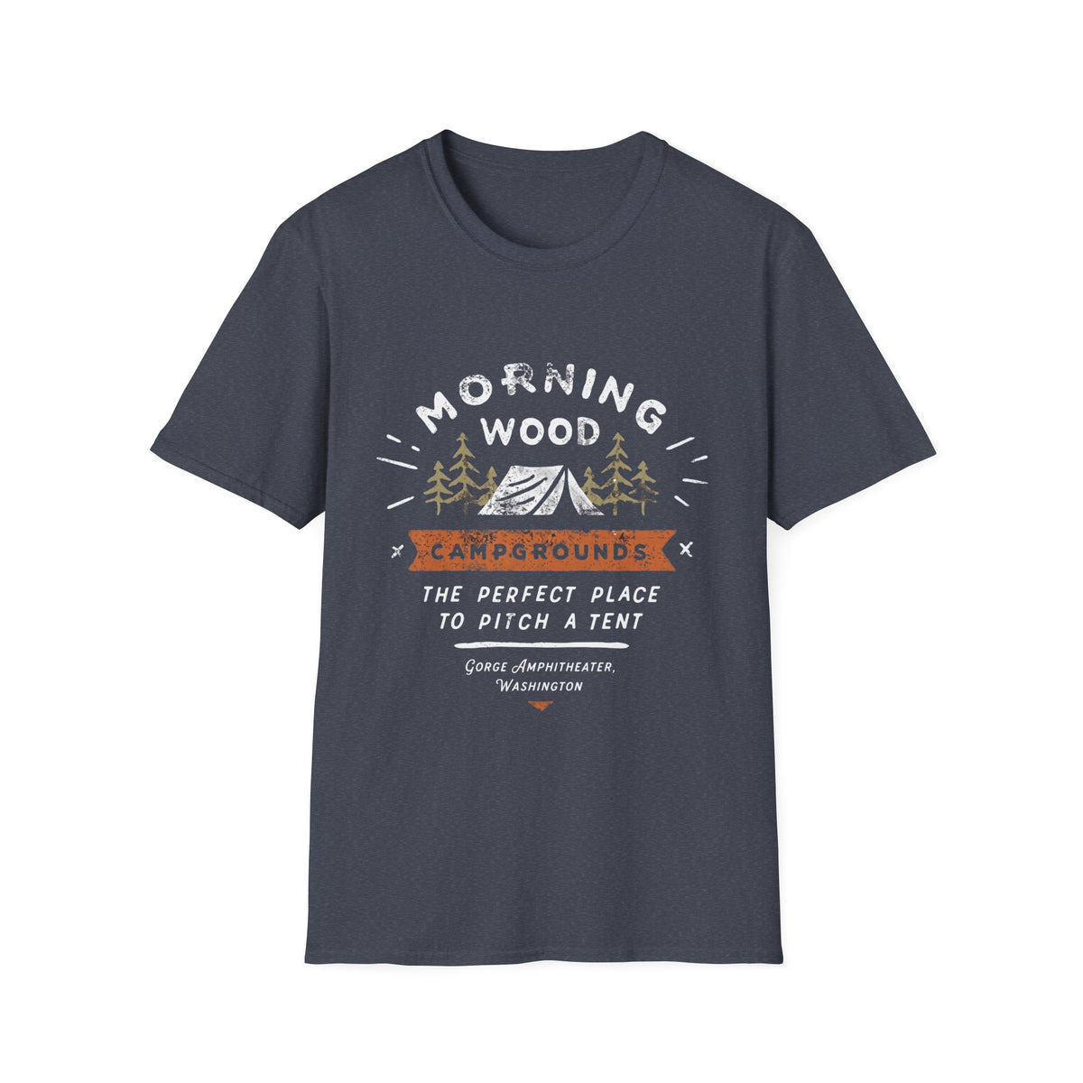 Camping T-Shirt — "Morning Wood" Tent & Pine Tree Outdoor Graphic Tee