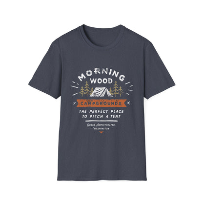 Camping T-Shirt — "Morning Wood" Tent & Pine Tree Outdoor Graphic Tee