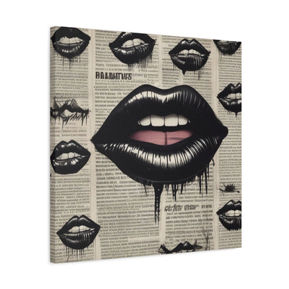 Black Drip Lips Canvas Wall Art — Vintage Newspaper Pop Art