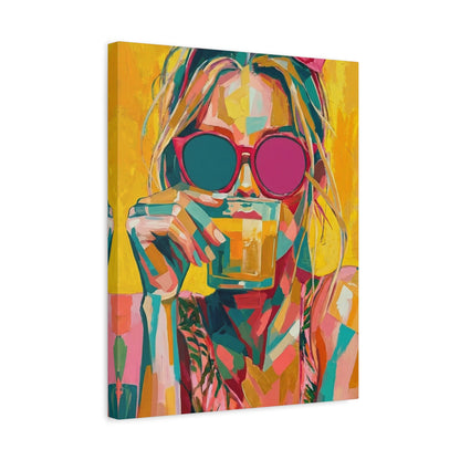 Colorful Pop Art Woman Drinking Canvas Wall Art