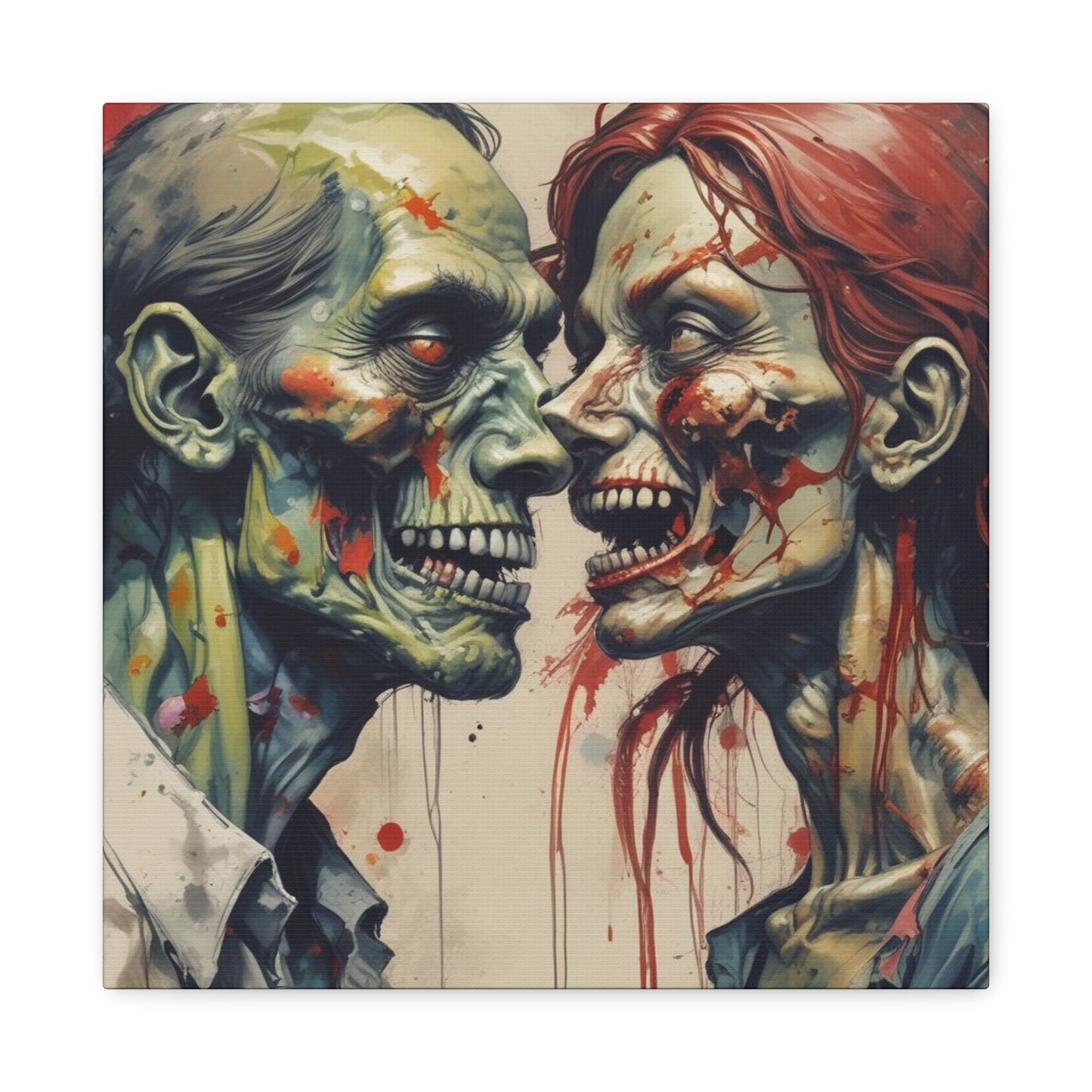 Zombie Couple Matte Canvas Wall Art — Blood-Splattered Horror Portrait
