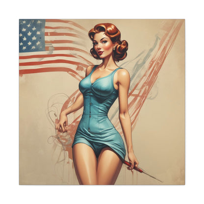 Retro Pin-Up Canvas Wall Art — Vintage American Flag Pinup Matte Stretched 1.25"