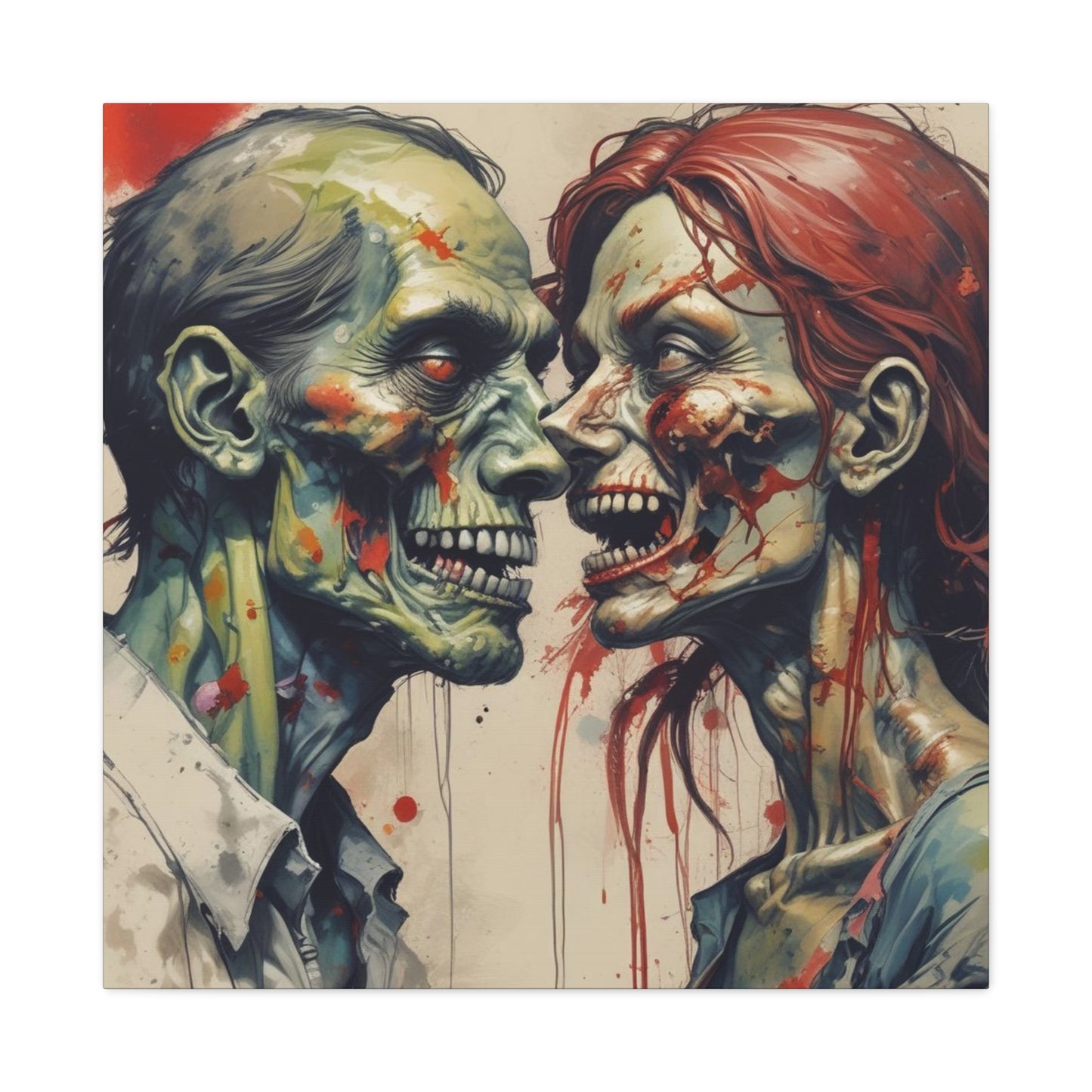 Zombie Couple Matte Canvas Wall Art — Blood-Splattered Horror Portrait