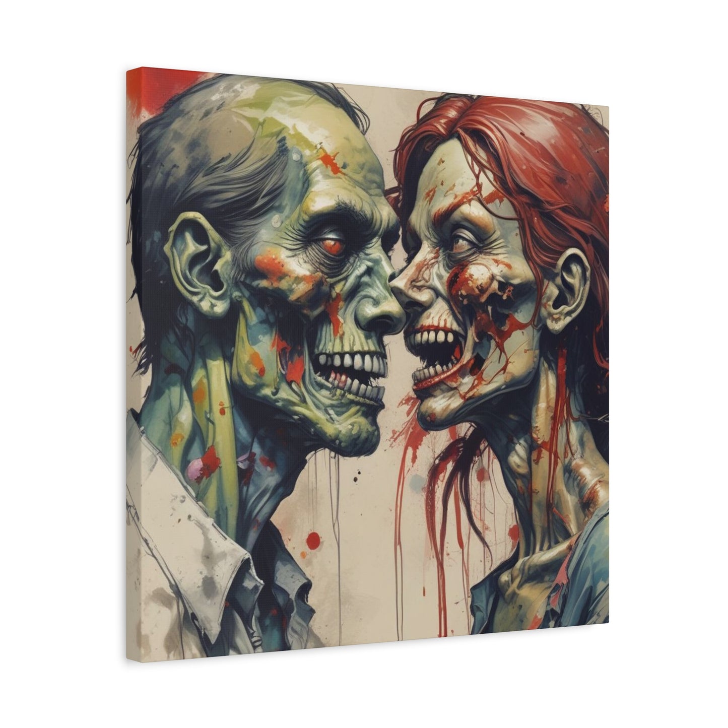 Zombie Couple Matte Canvas Wall Art — Blood-Splattered Horror Portrait