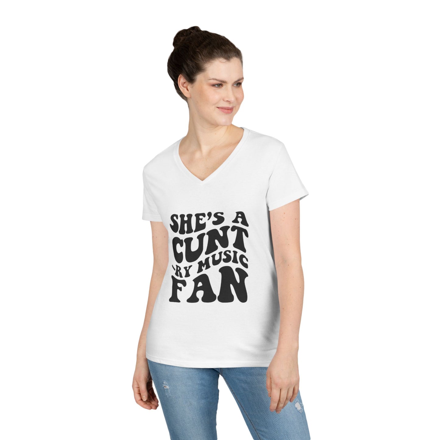 V-Neck T-Shirt — "She's a Cuntry Music Fan" Retro Typography Tee