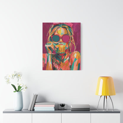 Pop Art Woman Drinking Coffee Canvas - Pink
