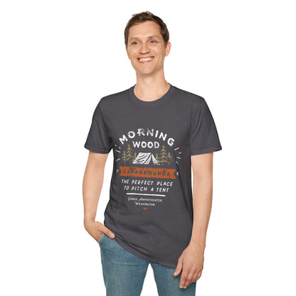 Camping T-Shirt — "Morning Wood" Tent & Pine Tree Outdoor Graphic Tee