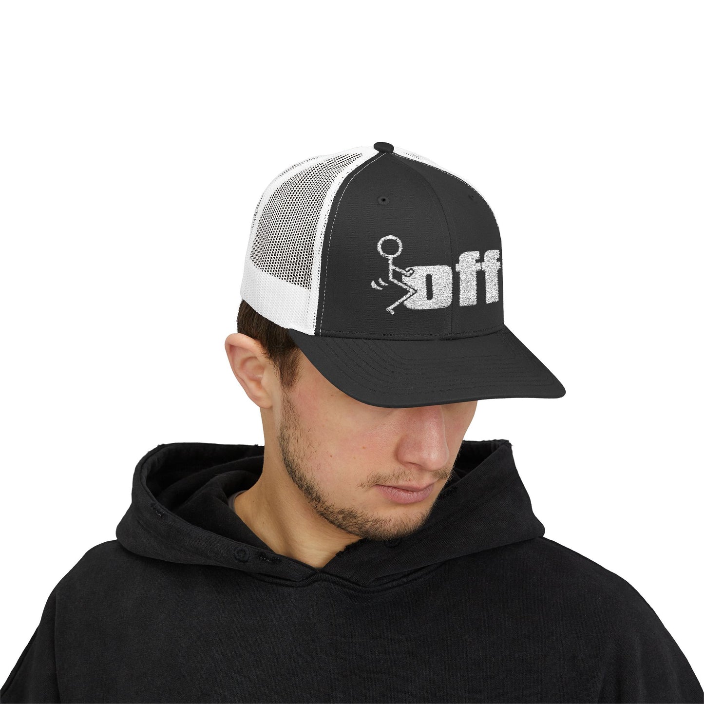 'F Off' Stick Figure Trucker Cap – Retro Distressed Snapback Hat
