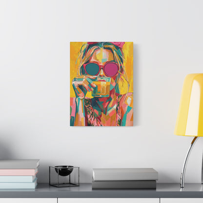 Colorful Pop Art Woman Drinking Canvas Wall Art
