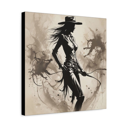 Cowgirl Silhouette Canvas Art – Western Whip Poster on Matte Stretched Canvas