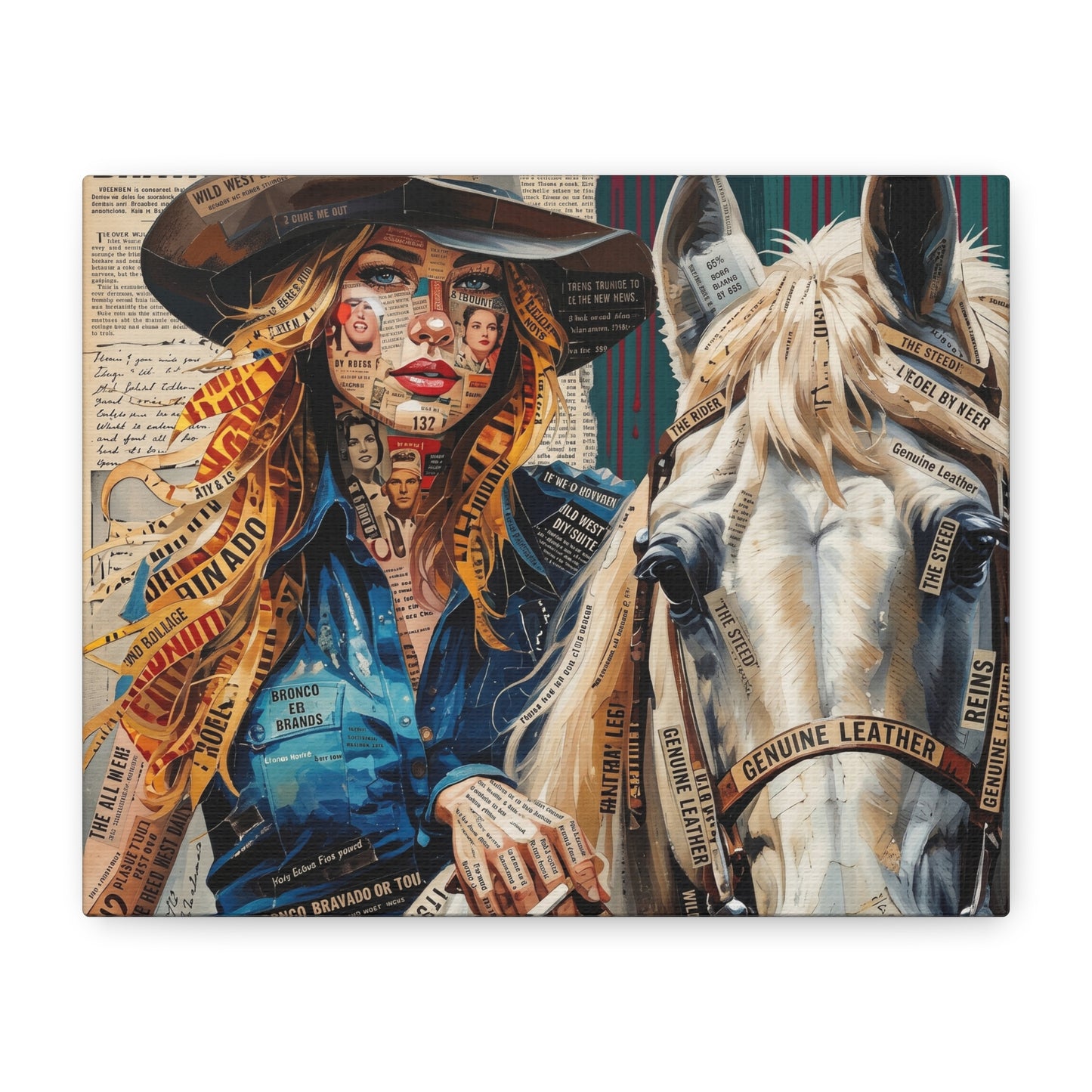 Cowgirl & Horse Collage Matte Canvas Print — Western Collage Art Wall Decor