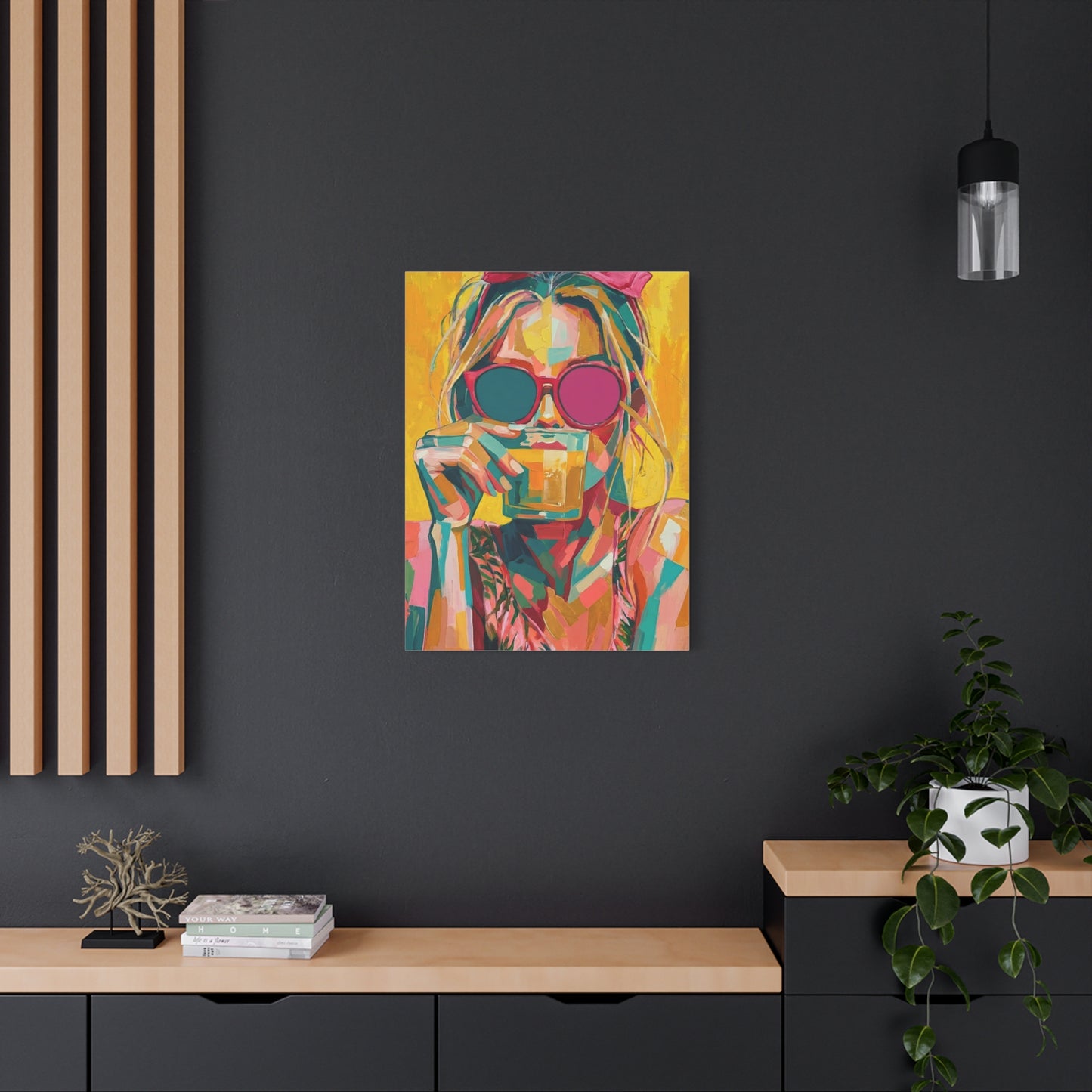 Colorful Pop Art Woman Drinking Canvas Wall Art