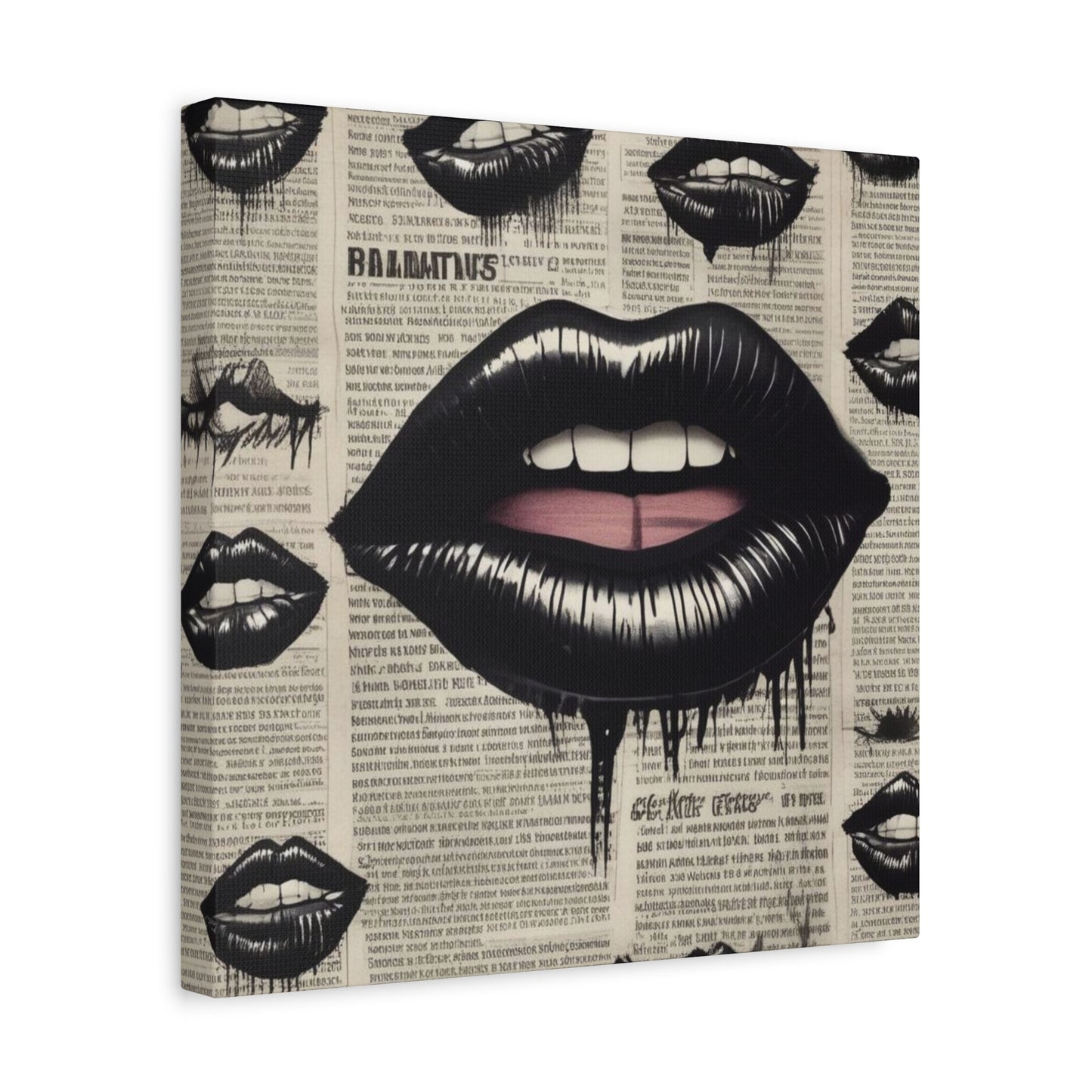 Black Drip Lips Canvas Wall Art — Vintage Newspaper Pop Art