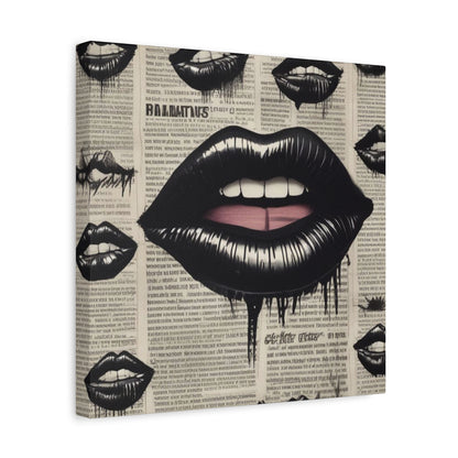 Black Drip Lips Canvas Wall Art — Vintage Newspaper Pop Art
