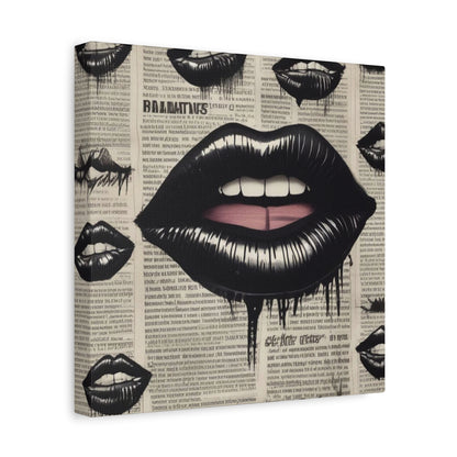 Black Drip Lips Canvas Wall Art — Vintage Newspaper Pop Art