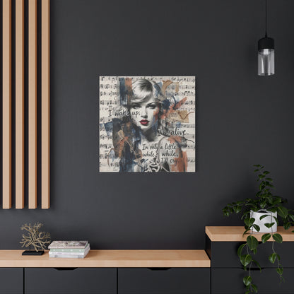 Swift Inspired Matte Stretched Canvas – "I Wake Up; I’m Alive" Mixed-Media Portrait Wall Art