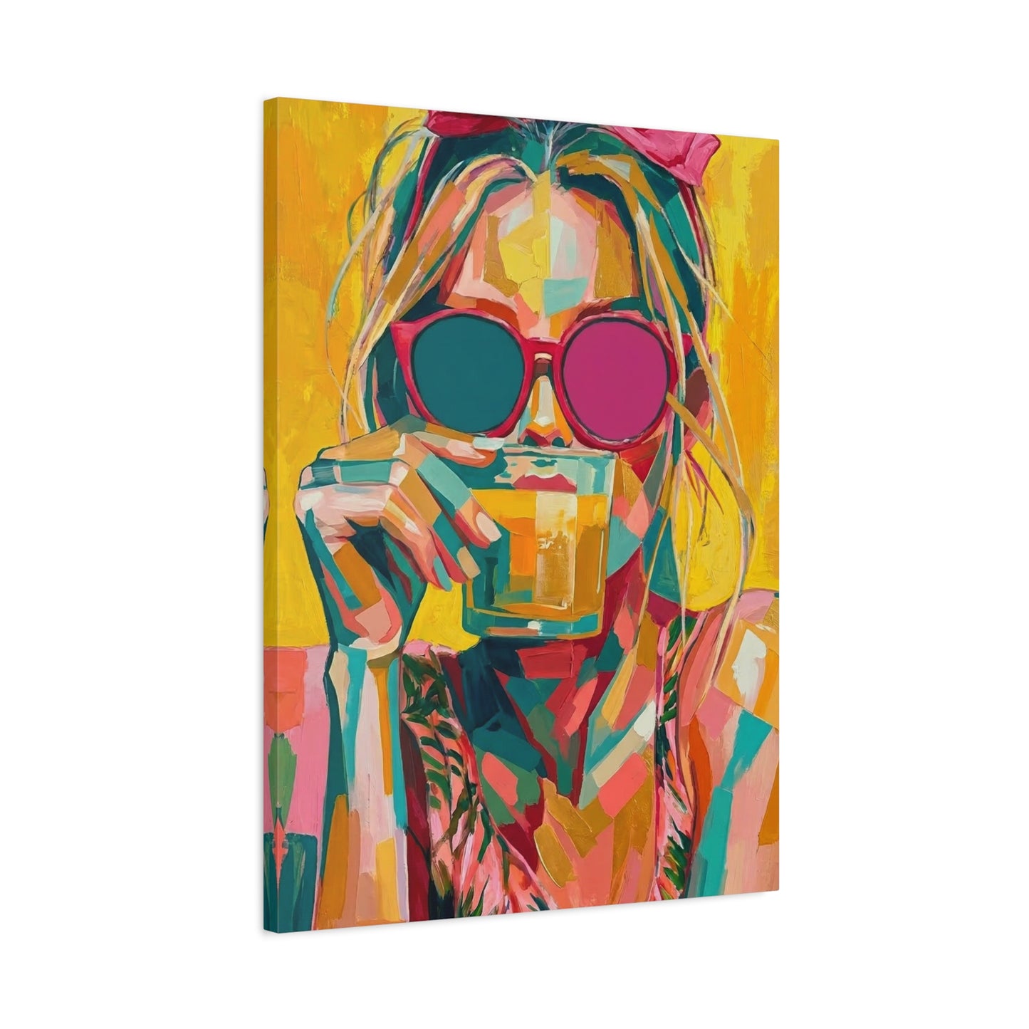 Colorful Pop Art Woman Drinking Canvas Wall Art