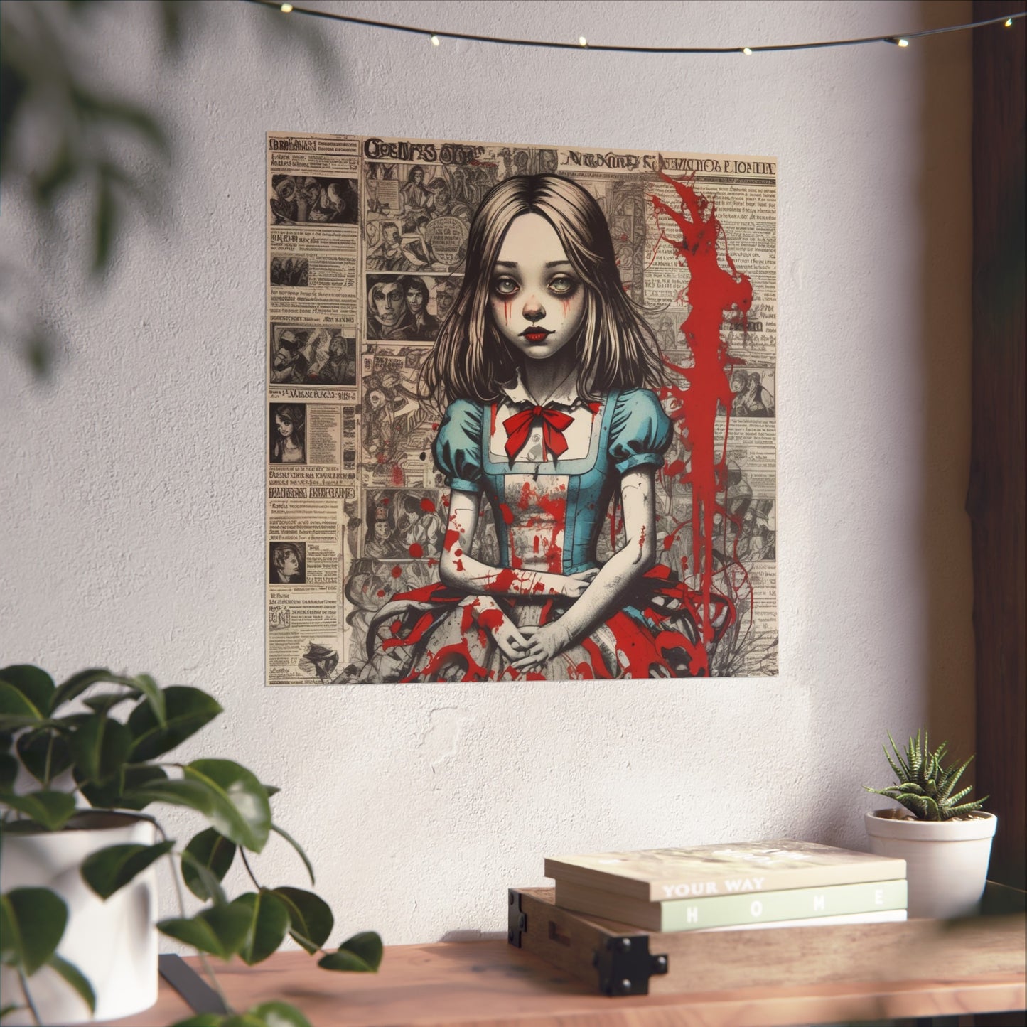 Gothic Alice Fine Art Print — Dark Vintage Newspaper Collage with Blood-Splatter
